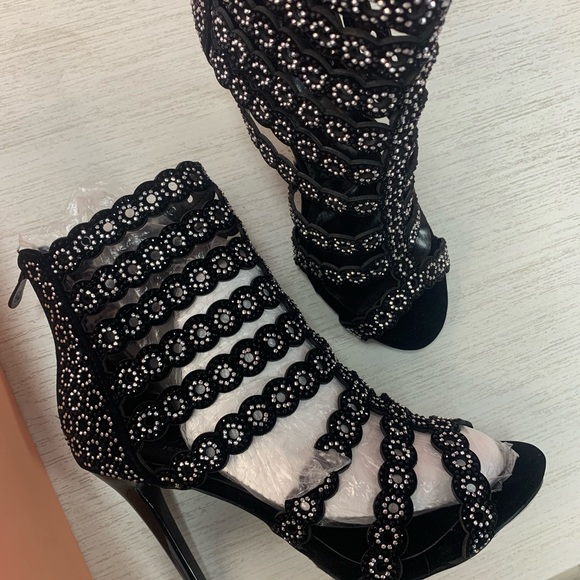 Open Toe Silver Crystal Stiletto Heel Bootie - Black Velvet - Picture 9 of 10